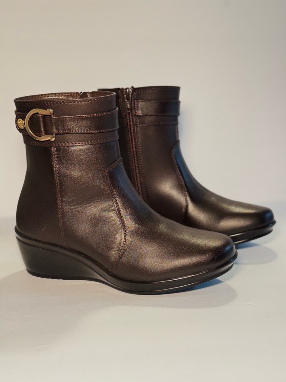 Women's Brown Ankle Boots with Side Buckle- leather